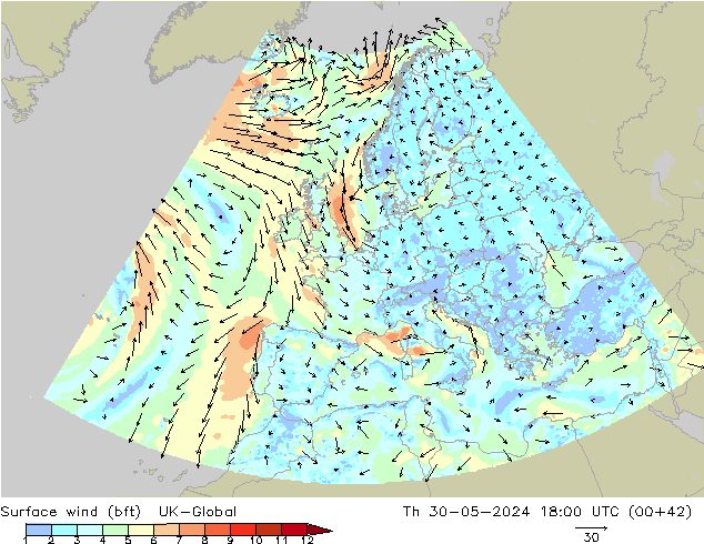 Surface wind (bft) UK-Global Čt 30.05.2024 18 UTC