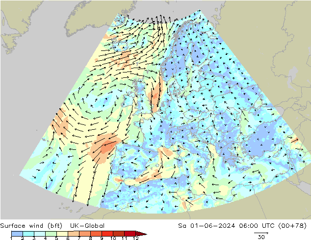 Wind 10 m (bft) UK-Global za 01.06.2024 06 UTC