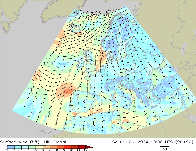Vento 10 m (bft) UK-Global sab 01.06.2024 18 UTC