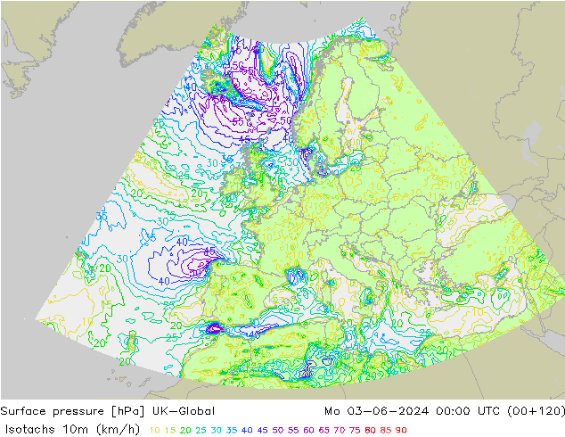 Isotachen (km/h) UK-Global ma 03.06.2024 00 UTC