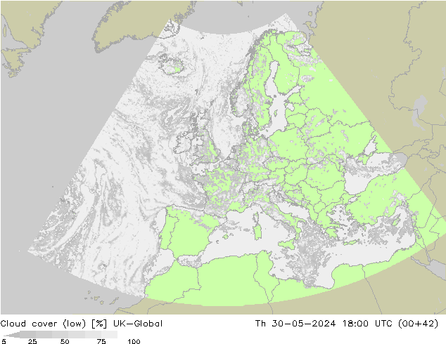 Cloud cover (low) UK-Global Th 30.05.2024 18 UTC