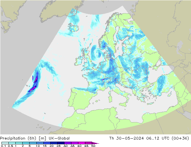 Précipitation (6h) UK-Global jeu 30.05.2024 12 UTC