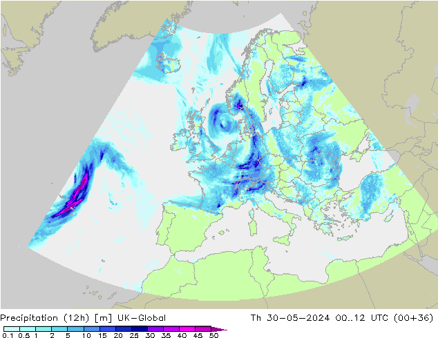 Yağış (12h) UK-Global Per 30.05.2024 12 UTC