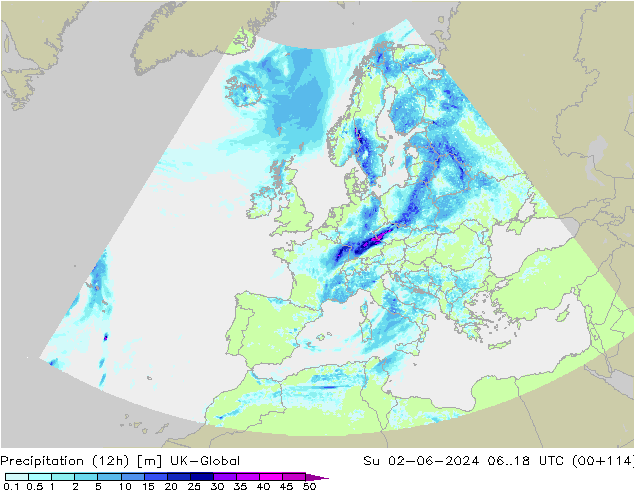 Yağış (12h) UK-Global Paz 02.06.2024 18 UTC