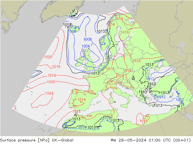 Pressione al suolo UK-Global mer 29.05.2024 01 UTC