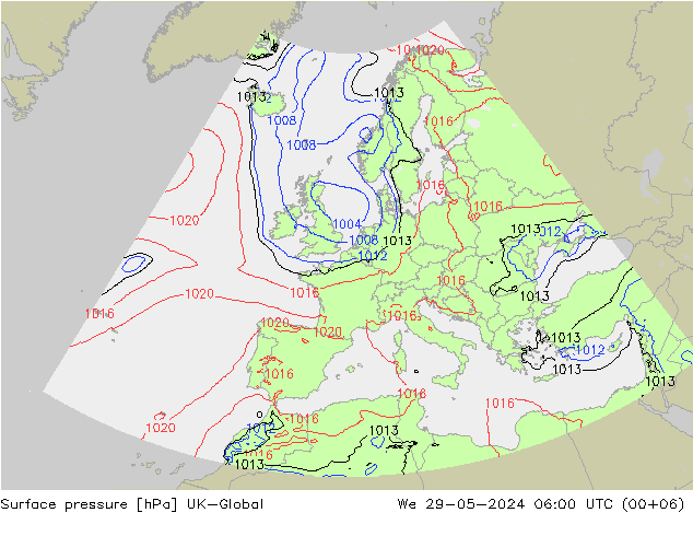 Surface pressure UK-Global We 29.05.2024 06 UTC