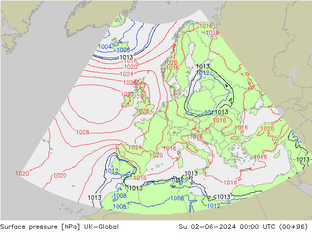 Pressione al suolo UK-Global dom 02.06.2024 00 UTC