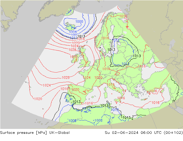 Surface pressure UK-Global Su 02.06.2024 06 UTC