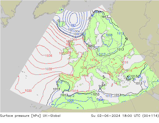 Pressione al suolo UK-Global dom 02.06.2024 18 UTC