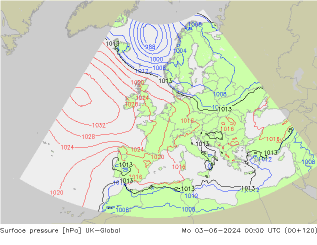 Pressione al suolo UK-Global lun 03.06.2024 00 UTC