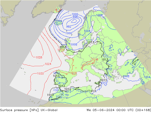 Pressione al suolo UK-Global mer 05.06.2024 00 UTC