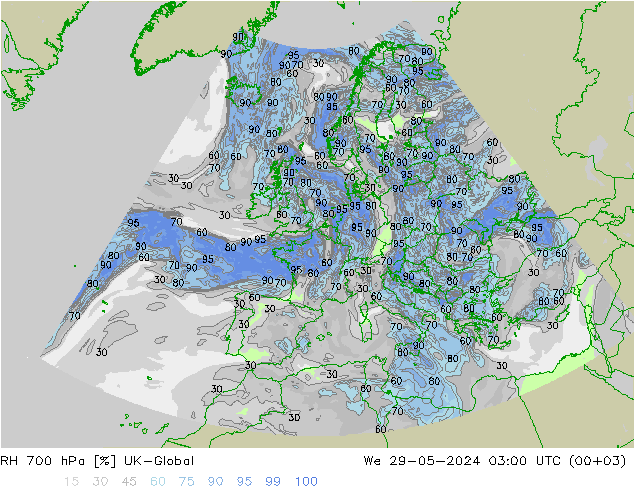 RH 700 гПа UK-Global ср 29.05.2024 03 UTC