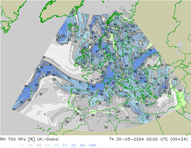 RH 700 hPa UK-Global Qui 30.05.2024 00 UTC