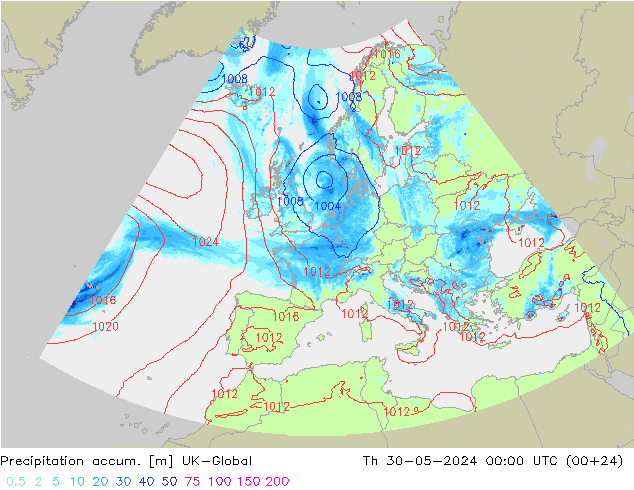 Precipitation accum. UK-Global Th 30.05.2024 00 UTC