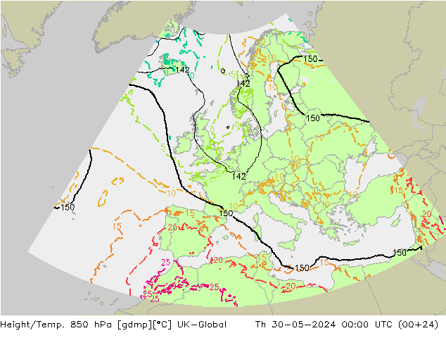 Height/Temp. 850 hPa UK-Global Th 30.05.2024 00 UTC
