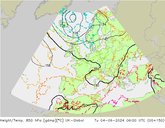 Height/Temp. 850 гПа UK-Global вт 04.06.2024 06 UTC