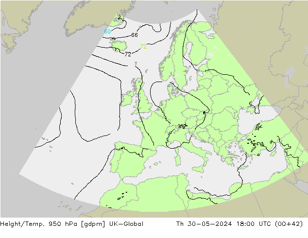 Height/Temp. 950 hPa UK-Global Th 30.05.2024 18 UTC
