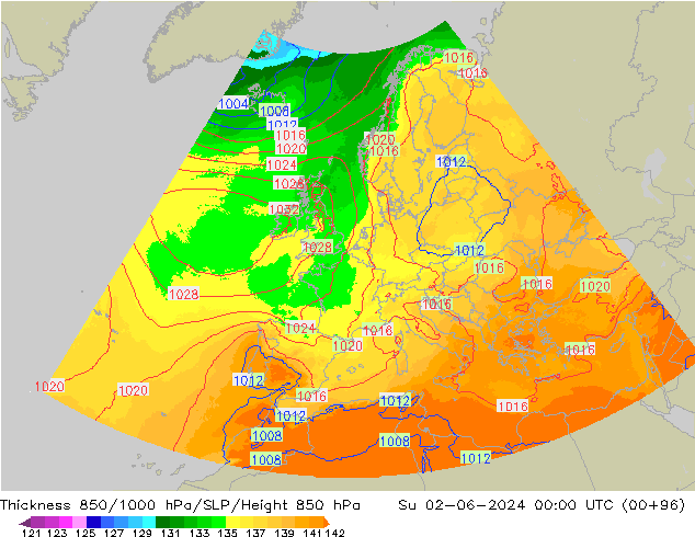 Thck 850-1000 hPa UK-Global Su 02.06.2024 00 UTC