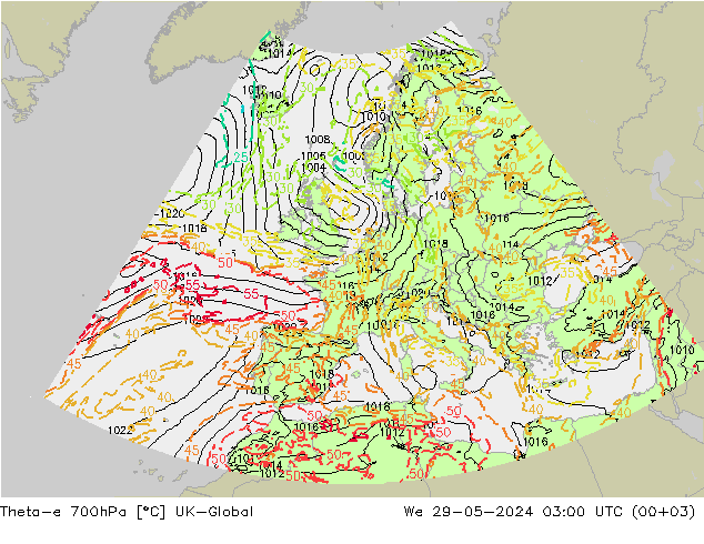 Theta-e 700hPa UK-Global Çar 29.05.2024 03 UTC
