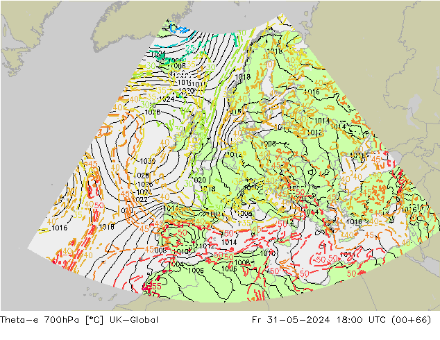Theta-e 700hPa UK-Global Cu 31.05.2024 18 UTC