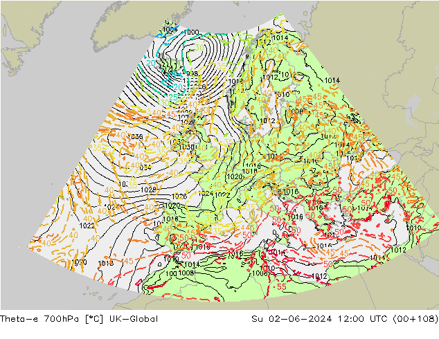 Theta-e 700hPa UK-Global dim 02.06.2024 12 UTC