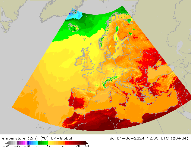 Temperaturkarte (2m) UK-Global Sa 01.06.2024 12 UTC