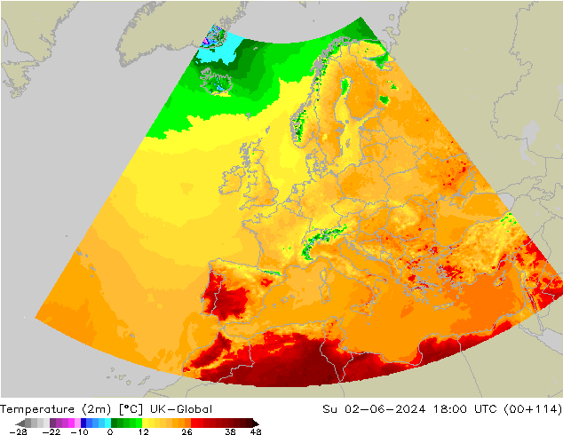 Temperatuurkaart (2m) UK-Global zo 02.06.2024 18 UTC