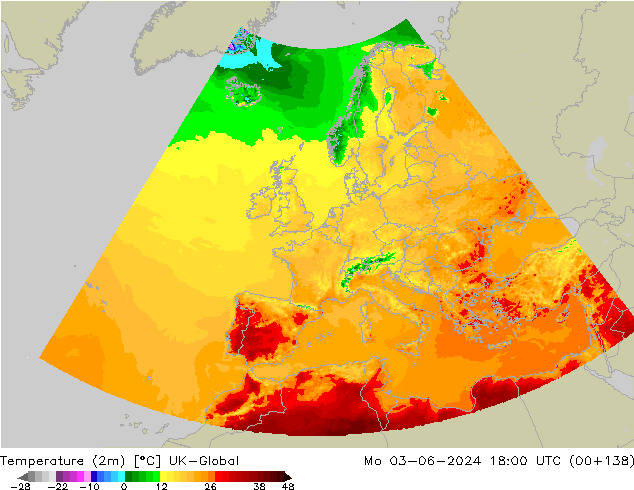Sıcaklık Haritası (2m) UK-Global Pzt 03.06.2024 18 UTC