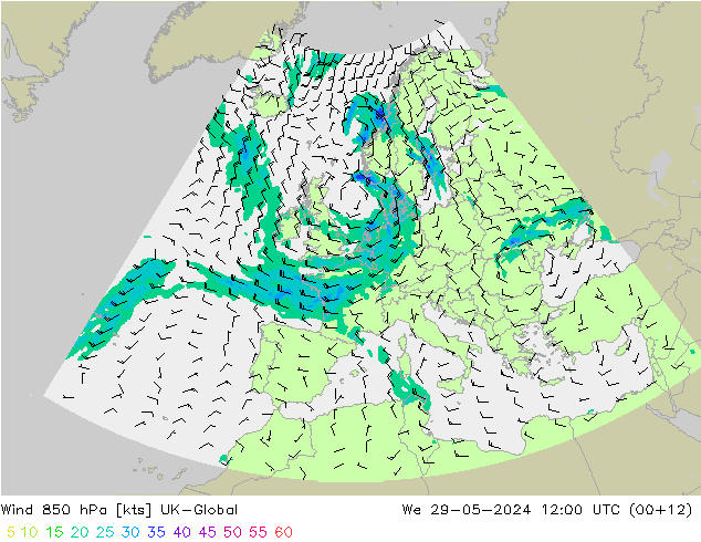 Wind 850 hPa UK-Global We 29.05.2024 12 UTC