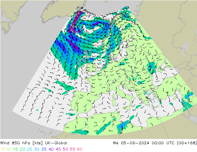 ветер 850 гПа UK-Global ср 05.06.2024 00 UTC