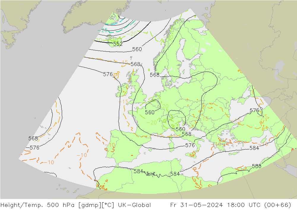 Height/Temp. 500 hPa UK-Global Fr 31.05.2024 18 UTC