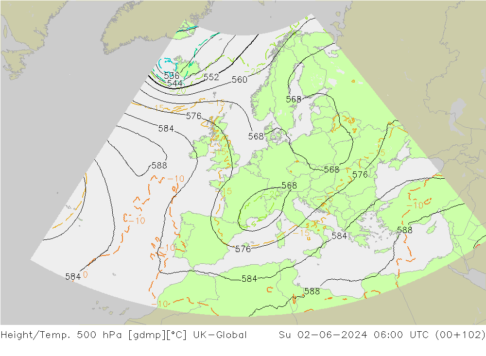 Height/Temp. 500 hPa UK-Global So 02.06.2024 06 UTC