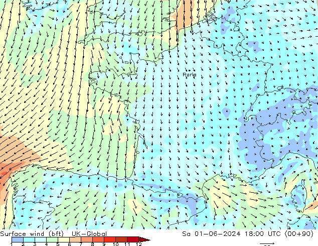 Surface wind (bft) UK-Global So 01.06.2024 18 UTC