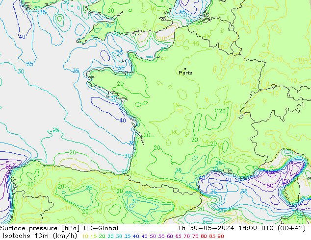Isotachs (kph) UK-Global  30.05.2024 18 UTC