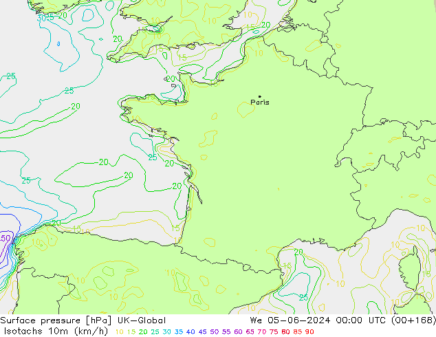 Isotachs (kph) UK-Global mer 05.06.2024 00 UTC