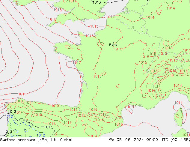 Pressione al suolo UK-Global mer 05.06.2024 00 UTC