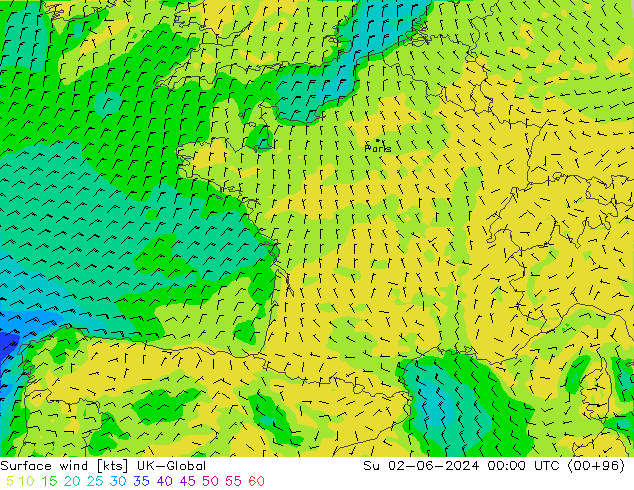 Surface wind UK-Global Su 02.06.2024 00 UTC