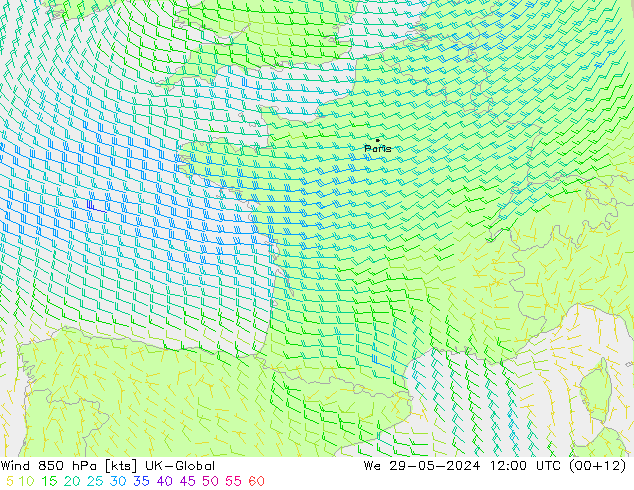 Wind 850 hPa UK-Global St 29.05.2024 12 UTC