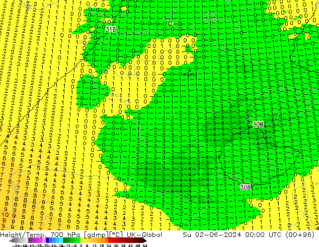 Height/Temp. 700 hPa UK-Global Su 02.06.2024 00 UTC