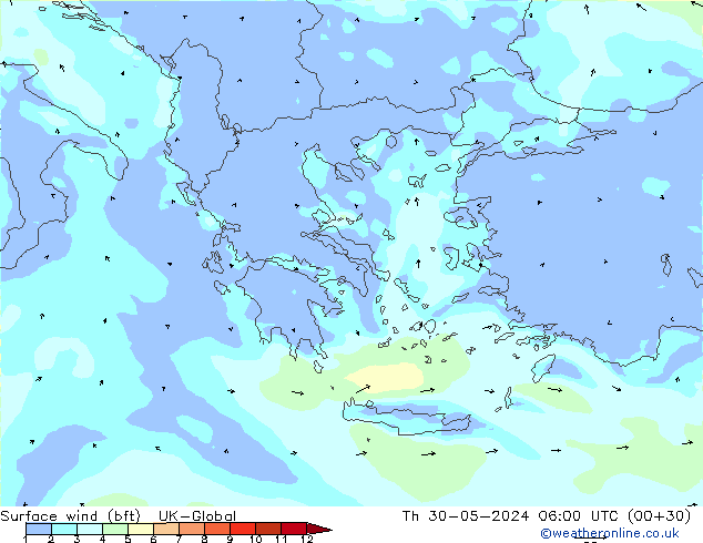 Surface wind (bft) UK-Global Th 30.05.2024 06 UTC