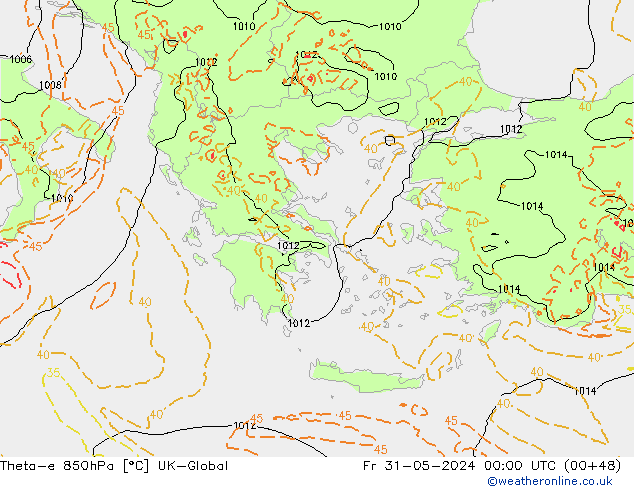 Theta-e 850hPa UK-Global Fr 31.05.2024 00 UTC