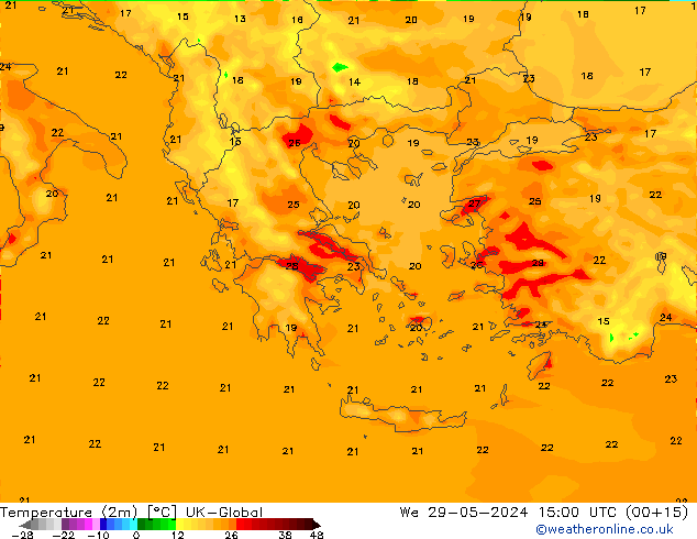 Temperatura (2m) UK-Global Qua 29.05.2024 15 UTC