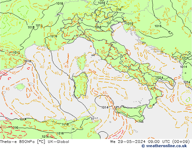 Theta-e 850hPa UK-Global śro. 29.05.2024 09 UTC