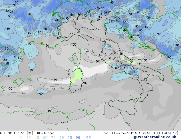 RH 850 гПа UK-Global сб 01.06.2024 00 UTC