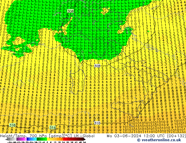 Height/Temp. 700 hPa UK-Global  03.06.2024 12 UTC