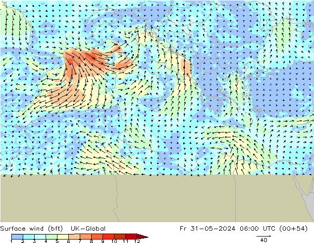 Wind 10 m (bft) UK-Global vr 31.05.2024 06 UTC