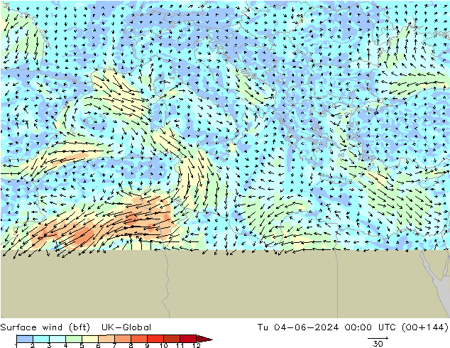 Wind 10 m (bft) UK-Global di 04.06.2024 00 UTC