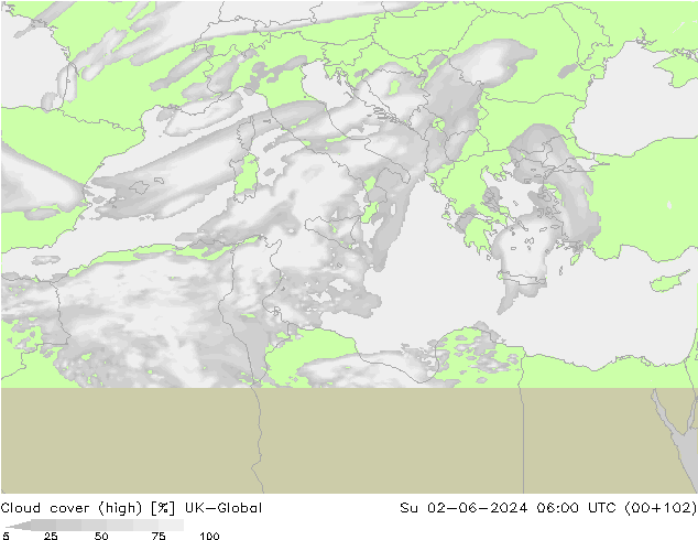 Cloud cover (high) UK-Global Su 02.06.2024 06 UTC