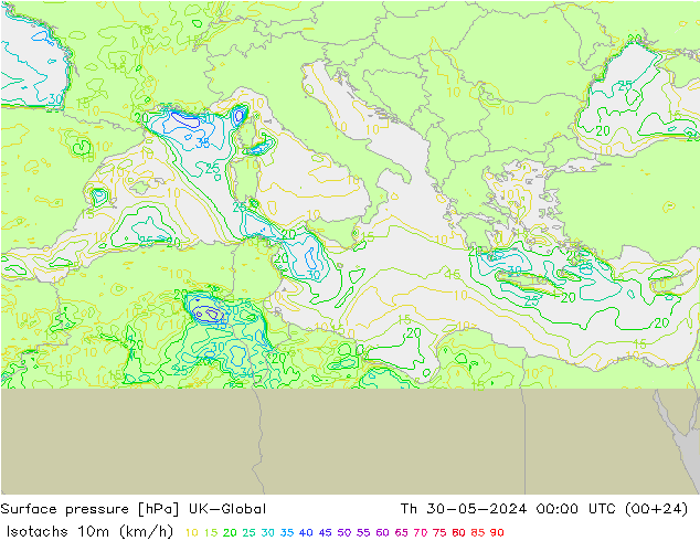 Isotachs (kph) UK-Global  30.05.2024 00 UTC