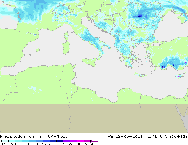 Precipitation (6h) UK-Global St 29.05.2024 18 UTC